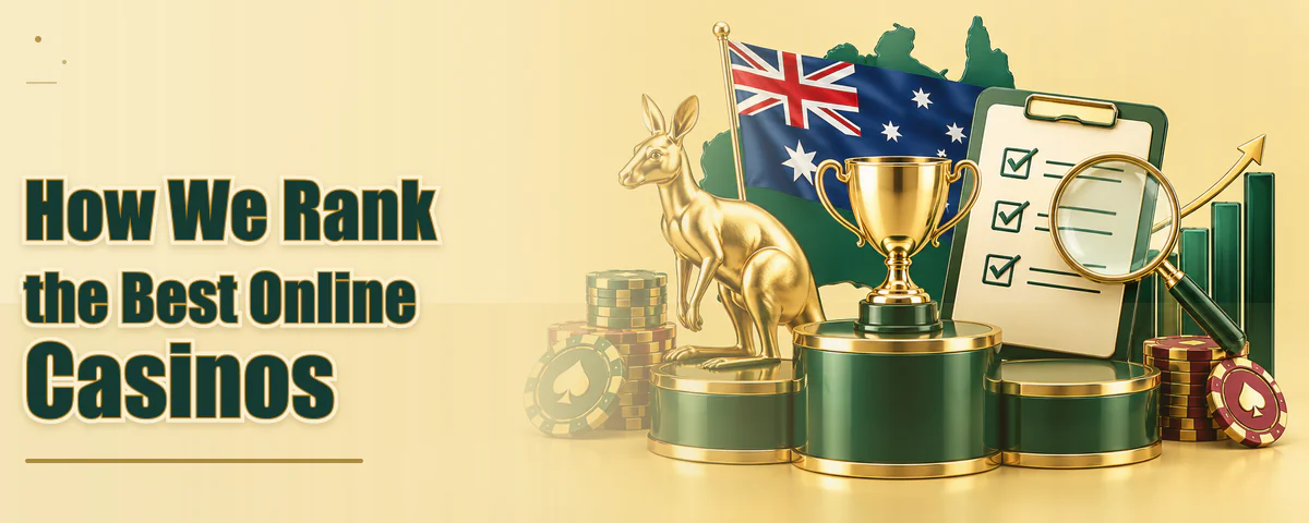 Trophy and checklist on a podium representing how we rank the best online casinos in Australia