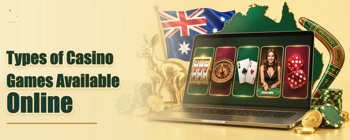 Laptop showing slots, roulette, cards, live dealer and dice representing the types of casino games available online